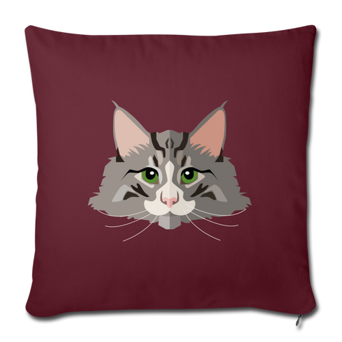 Long Haired Gray Cat Throw Pillow Cover 17.5” x 17.5” - burgundy
